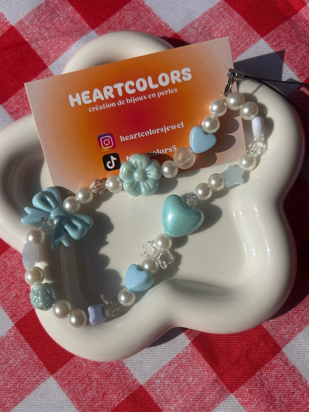 Bijou pour téléphone Perles Bleu Cœur & Nœud